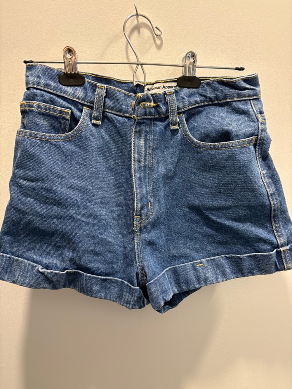 American Apparel Medium Blue Denim High-Rise Rolled Hem Shorts